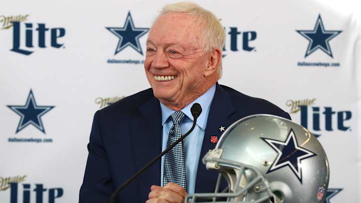 Dallas Cowboys owner Jerry Jones smiles as he answers questions during a press conference at Ford Center at the Star. 