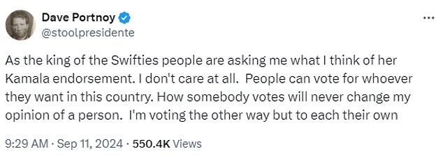 The Shake It Off singer penned the correspondence to the media mogul after Portnoy came to her defense after she found herself under social media fire after endorsing Vice President Kamala Harris, the Democrat candidate in next month's presidential election