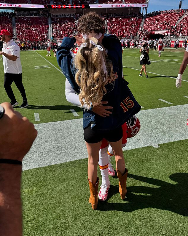 She captioned the post, '6-0 BABYYYYYY,' referring to the Chiefs winning 28-18 over the San Francisco Giants in Levi's Stadium in Santa Clarita, California