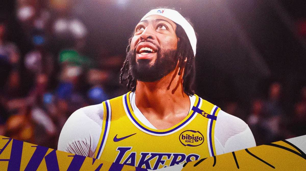 LA Lakers player Anthony Davis with the LA Lakers arena in the background, three-pointer