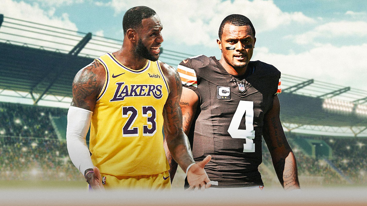 LeBron James (Lakers) looking angry with Deshaun Watson (Browns) in the background