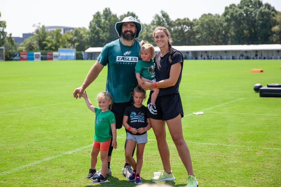 Jason Kelce with his wife Kylie and three daughters, Wyatt, Elliotte and Bennett