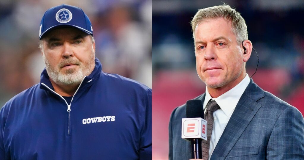 Mike McCarthy of Dallas Cowboys looking on (left). Troy Aikman reportong on field (right).